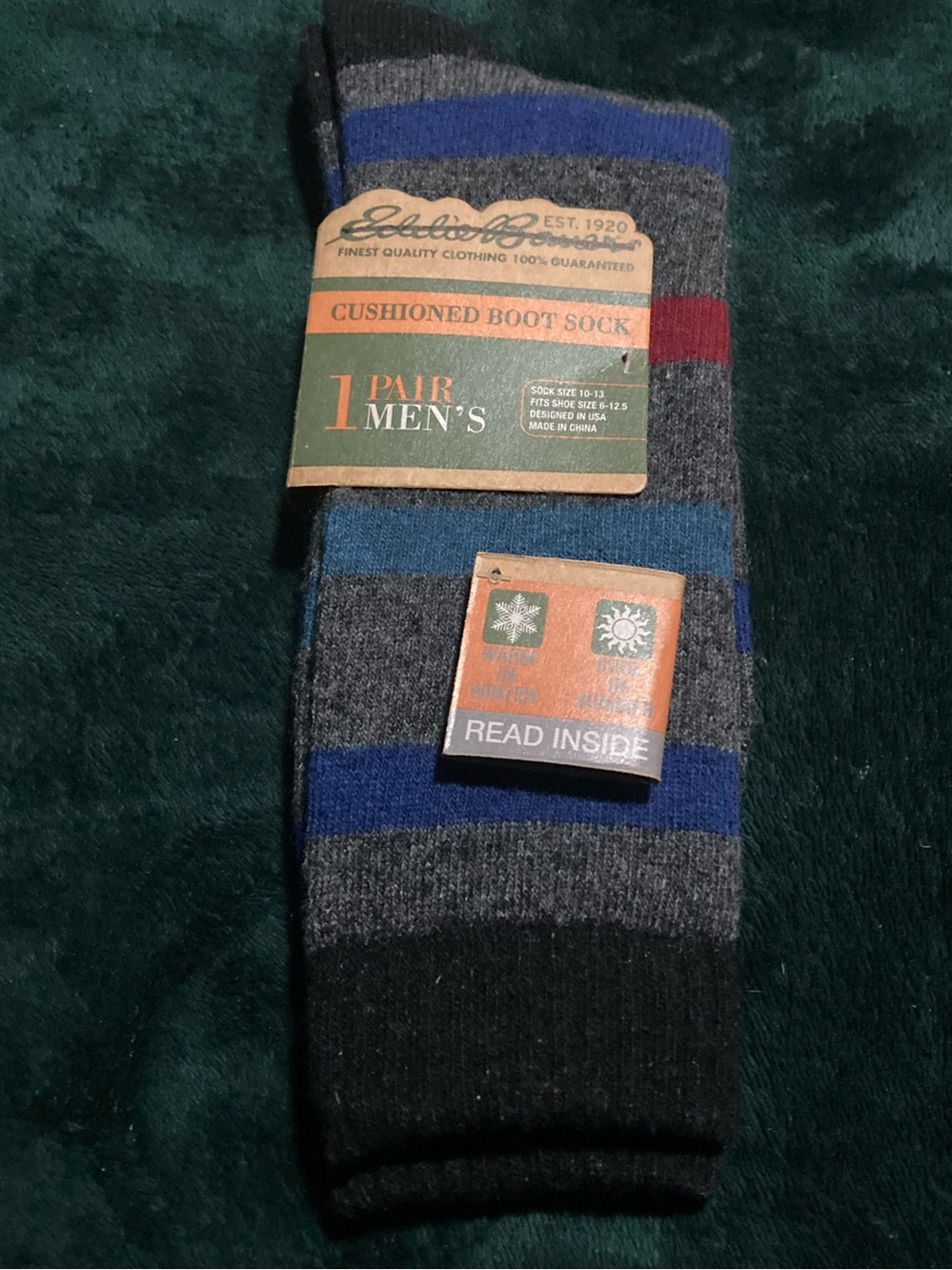 Eddie Bauer Striped Crew Socks in Blue, Black, and Gray Men’s Size 10-13 NWT
